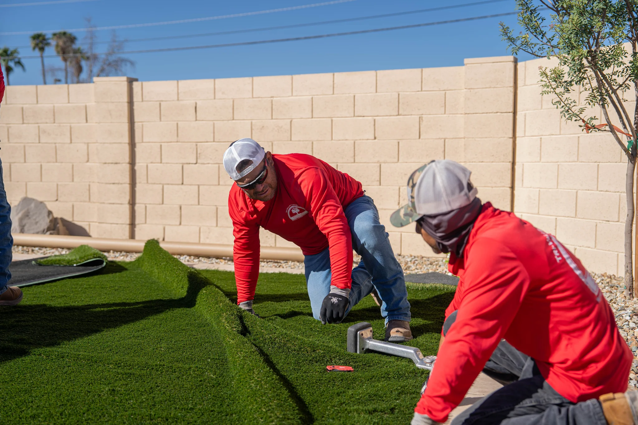 Landscapers installing artificial turf in a sunny backyard