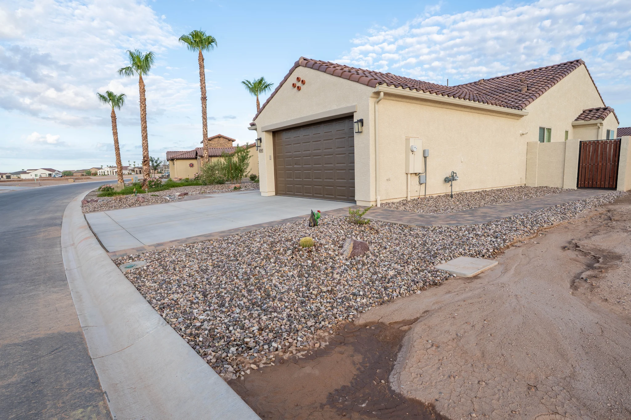 Desert home with palm trees and two-car garage