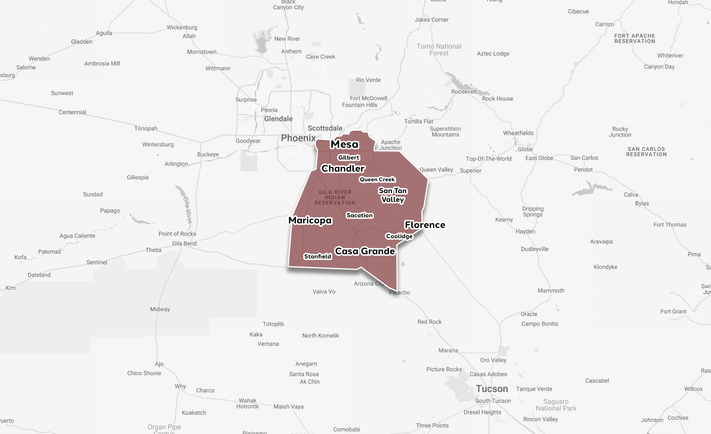 Map highlighting southeastern Phoenix metropolitan communities in Arizona