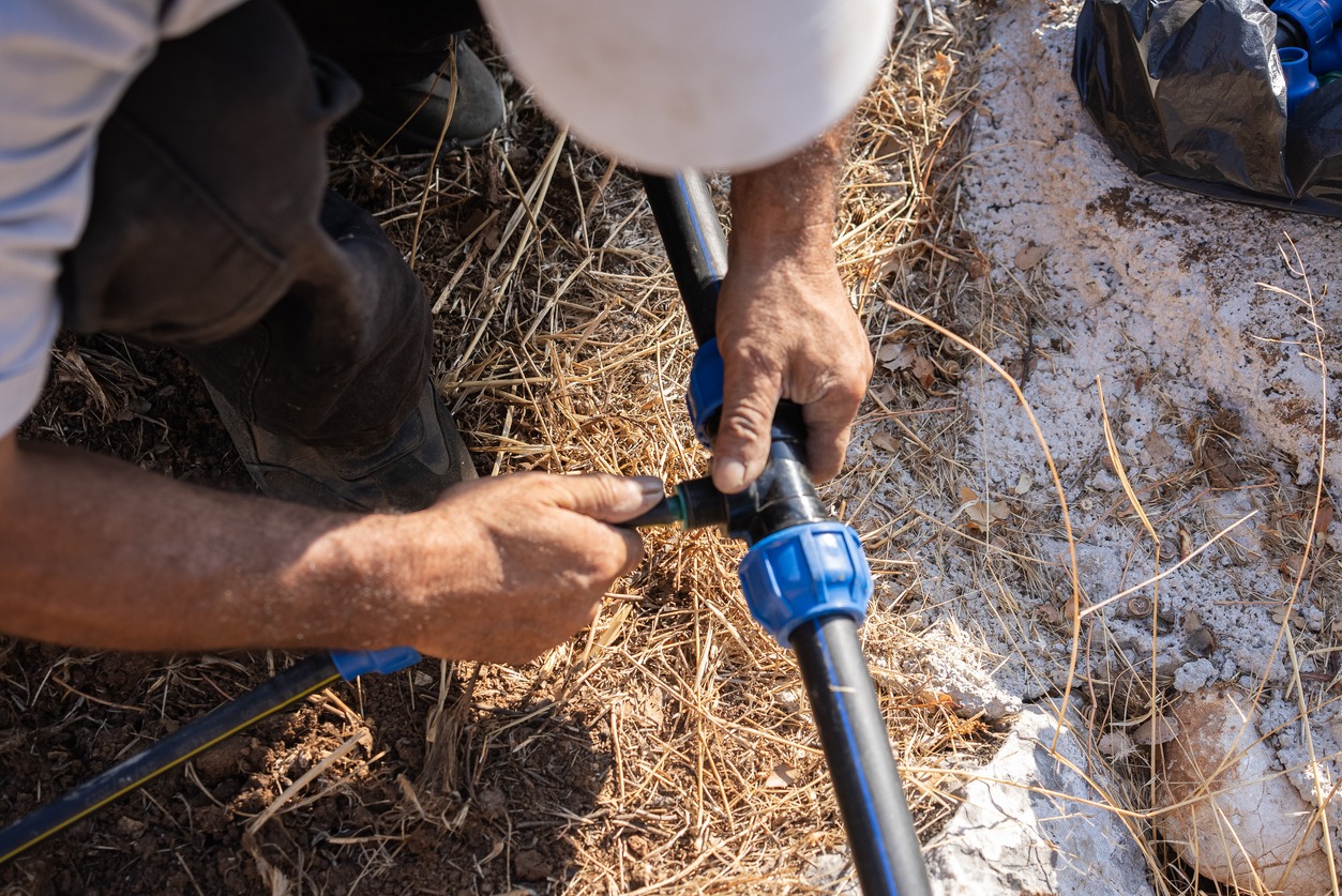 Worker connecting black irrigation pipes with blue fitting