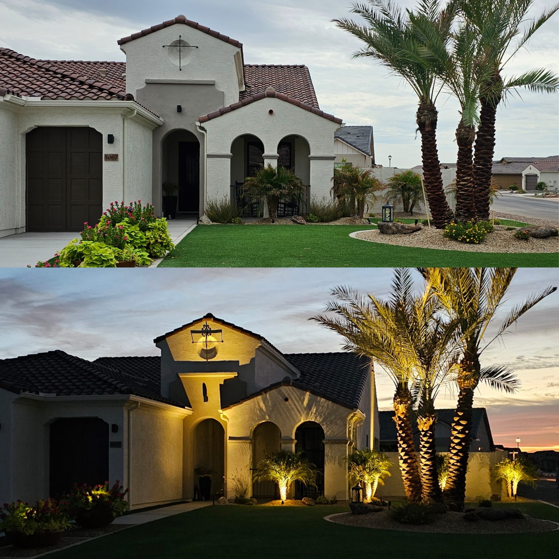 Mediterranean-style home with illuminated palm trees, day and dusk